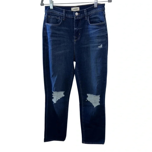 L'Agence Shane Distressed Mid Rise Slouchy Straight Jeans Dark Wash Size 26 - Picture 4 of 8